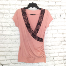 Maurices Top Womens Small Pink Black Lace Ruched Faux Wrap V Neck Blouse Y2K - £15.69 GBP