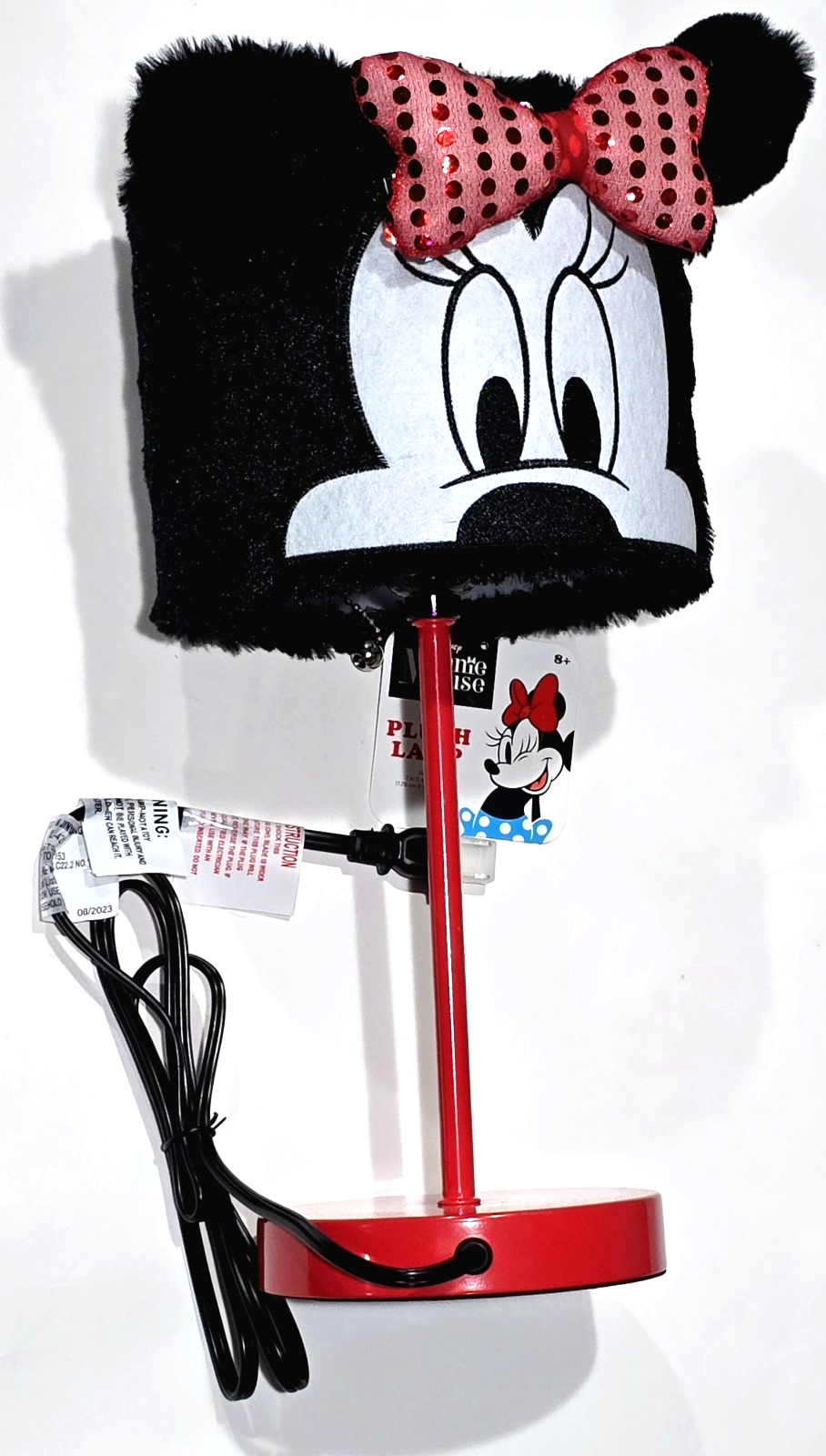 Disney Minnie Mouse Plush Lamp 7in D X 15in H Black White Red Plug In Décor - $37.50