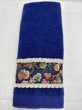 Vintage Fieldcrest Mills Hand Towels Royal Blue Flower Fabric &amp; Lace 15” X 25” - £9.56 GBP