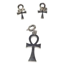 Egyptian Ankh Cross Silver Tone Pierced Stud Earrings and Dangle Charm Lot - £6.10 GBP