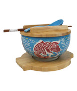 Blue And Red Koi Fishes Donburi Ramen Bowl With Lid Trivet Spoon Chopsti... - $55.33 CAD