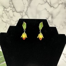 Tortolani Crislu Vintage Flower Bud Enamel Gold Earrings Orange Green Da... - $369.95 MXN