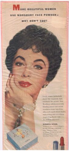 Vintage Print Ad 1953 Woodbury Powder Elizabeth Taylor 12 1/2" x 4 3/4" - $3.63