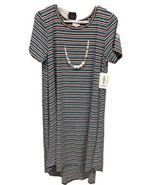 NWT LuLaRoe Large Teal Gray White Wine Blk Striped NO POCKET Carly Swing... - $39.59