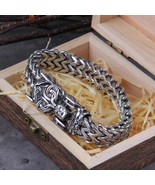 Viking Bracelet Odin&#39;s Wolf Fenrir Geri and Freki Head Link Chain Armrin... - £39.14 GBP