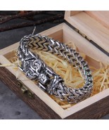 Viking Bracelet Odin&#39;s Wolf Fenrir Geri and Freki Head Link Chain Armrin... - $68.37 CAD