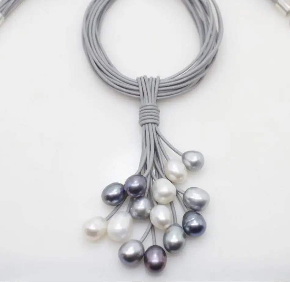 Free shipping 12mm Real White Black Gray Freshwater Pearl Necklace Leather Cord - £27.55 GBP