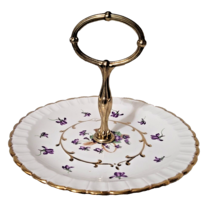 Vintage Wood and Sons England Porcelain Tidbit Tray Purple Flowers Gold Whimsica - £14.59 GBP
