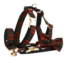 Christmas Pet Collar Plaid With Green Background Dog Rope Leash Suit - £9.05 GBP+