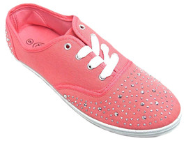 Womens Size 7 Silver Studded Canvas Lace Sneakers Tennis Shoes Pink - £11.18 GBP