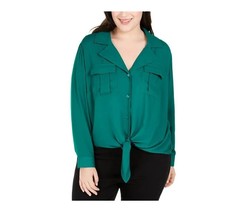 INC Womens Plus 3X Green VNeck Tie Front Button Up Pocket Blouse Top NWT... - $7.06
