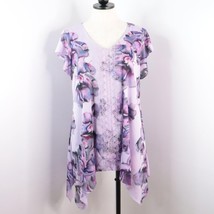 One World Women&#39;s M Purple Floral Draped Asymmetrical Short Sleeve Tunic Blouse - £15.64 GBP