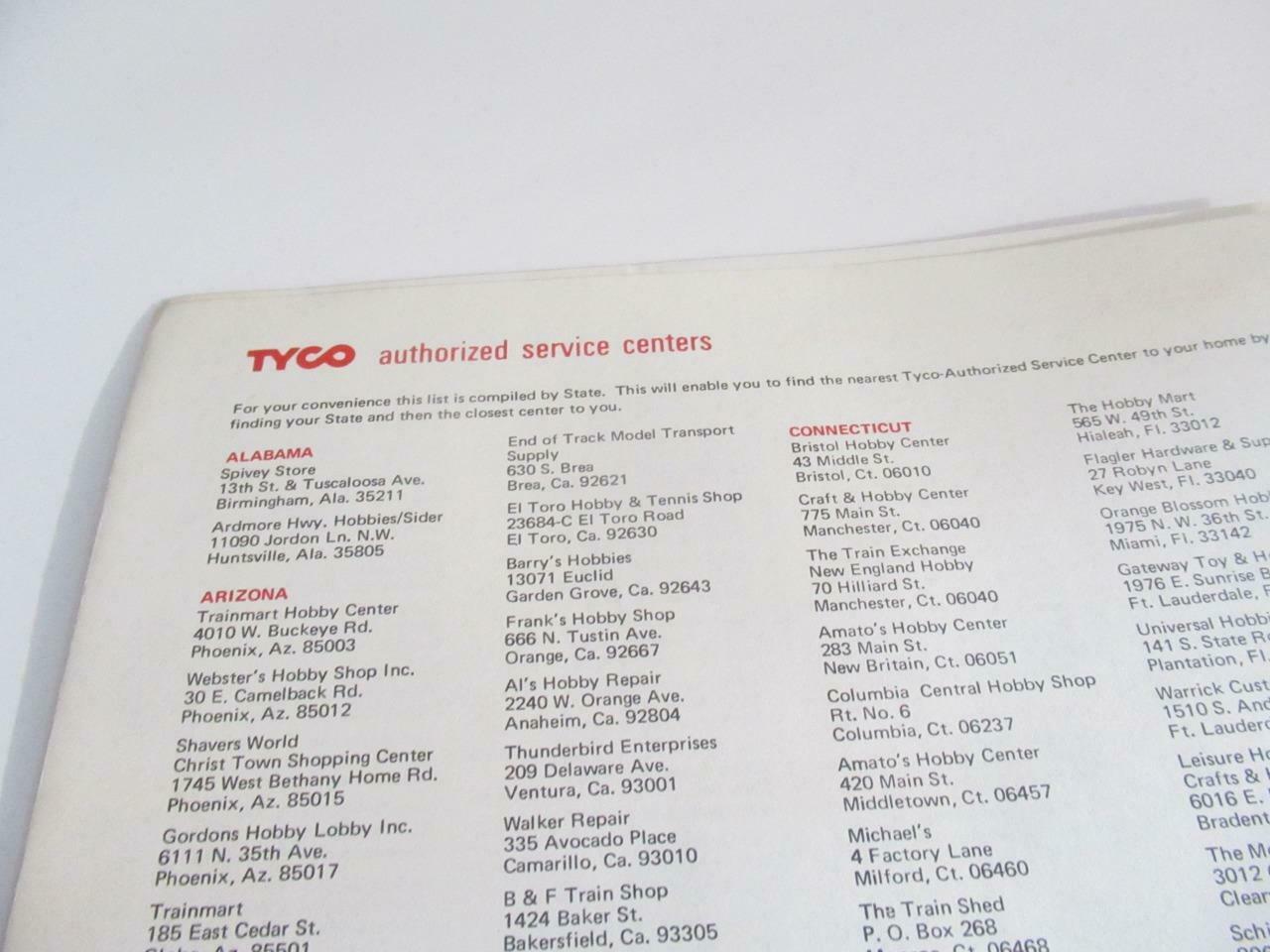 HO TRAINS VINTAGE  TYCO- 1975 AUTHORIZED SERVICE CENTERS -LN - S31UU - $3.62