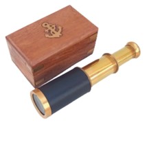 WAVE NAUTICAL - 6&quot; Brass Pirate Marine Telescope with Leather Box Vintage Mini  - £21.21 GBP