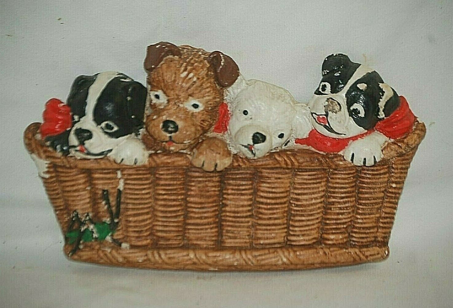 Primary image for Vintage Chalk Ware Wall Art 3D Pile of Puppies in Basket Chalkware Plaque Decor