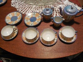 Vintage Japanese Child&#39;s  Peach &amp; Blue Lusterware Tea Set Service for 4 - £20.05 GBP
