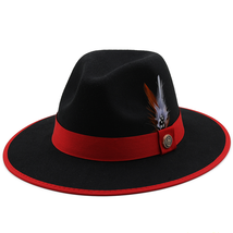 New Men’s Black &amp; Red Fedora Wool Feather Dress Hat (Size 56-58CM) - £24.53 GBP