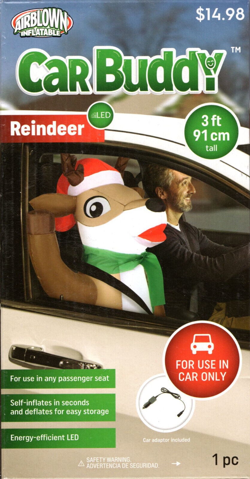 GEMMY 881261 AIRBLOWN REINDEER CAR BUDDY CHRISTMAS INFLATABLE 3&#39; - NEW! - $16.98