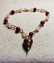 Six To Eight And A Half Maroon And Pink Dainty Bracelet With Heart Pendant - $16.82