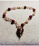 Six To Eight And A Half Maroon And Pink Dainty Bracelet With Heart Pendant - £13.28 GBP