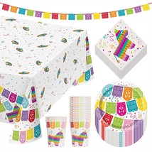 Fiesta Party Piñata Paper Dessert Plates, Napkins, Cups, Table Cover, and Banner - £17.88 GBP