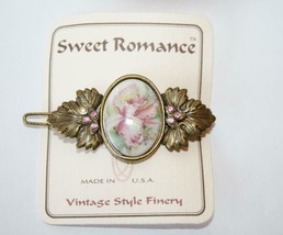 Sweet Romance Vintage Look Pink Flower &amp; Crystal Barrette NEW    J392 - £22.14 GBP
