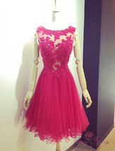 Rosyfancy Red Lace Applique Sleeveless Sheer Back Knee Length Short Part... - $175.00