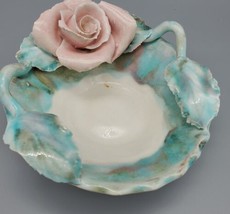 Vintage Lora Aileen California Pottery Trinket Dish Art Pink Roses Drip Glazed - £17.50 GBP