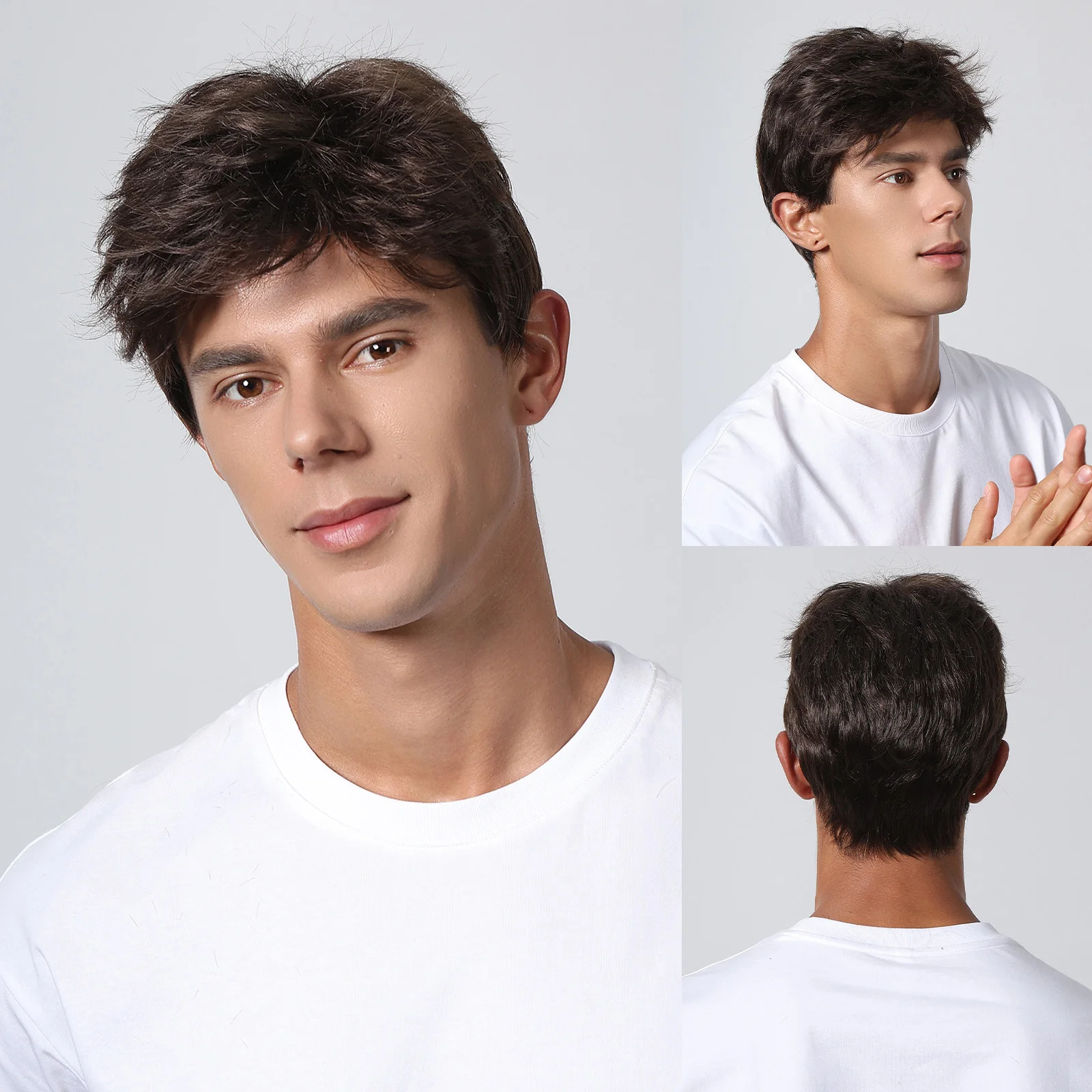 Dark Brown Short Pixie Cut Synthetic Wigs for Men Natural Straight Layered W - £14.79 GBP+