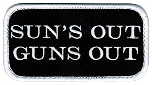 Suns Out Guns Out Patch Embroidered Iron-On Weightlifter Muscular Biceps Nametag - $4.99