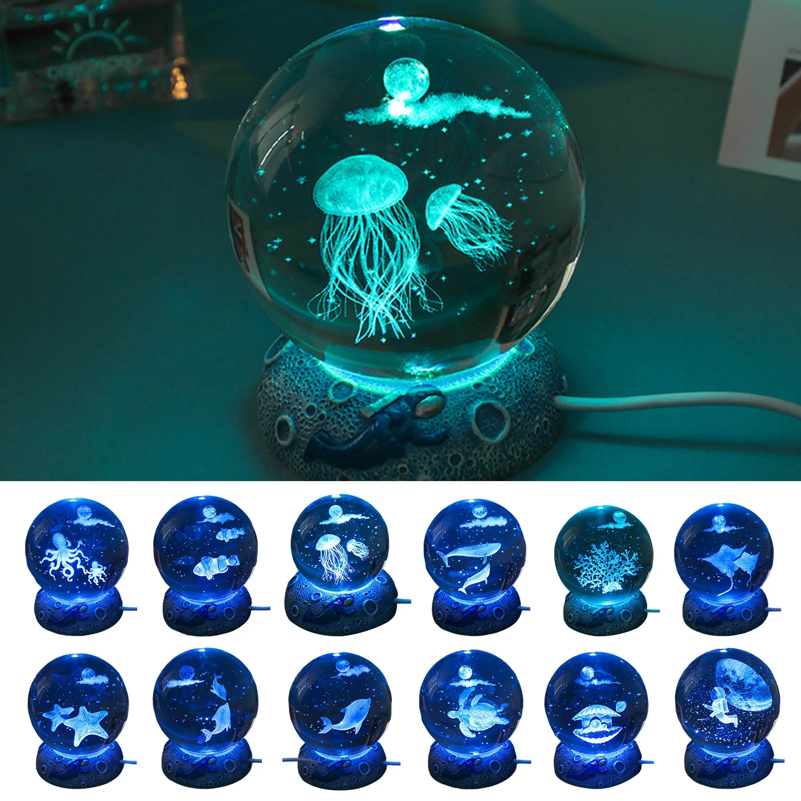 3D Crystal Ball Night Lights Glowing Sea Jellyfish Astronaut USB Power Warm - £14.69 GBP+