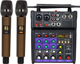 Audio Mixer 4 Channel Dj Mixer With Dual Wireless Microphone Sound Board... - $146.96