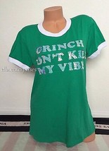 Victoria&#39;s Secret Pink Grinch Don&#39;t Kill My Vibe Green White Bling Tee -... - £35.23 GBP