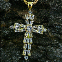 1.35 KT Diamanti Finti 14K Placcato Oro Giallo Baguette Croce Ciondolo Pendente - £137.93 GBP