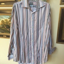 Thomas Dean Striped Plaid Trim Casual Dress Shirt - £16.65 GBP