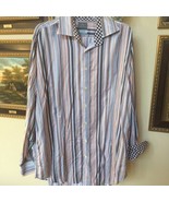 Thomas Dean Striped Plaid Trim Casual Dress Shirt - £16.39 GBP