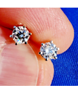 Earth mined Diamond Earrings Deco Design Solitaire Studs Solid 14k White... - $2,465.25