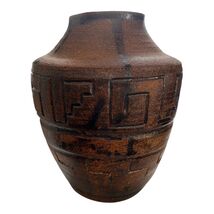 Signed Studio Pottery Vase TOMARIS 1996 Hand Thrown Brown Geometric Ston... - $46.80