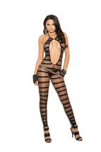 Elegant Moments Opaque And Diamond Net Striped Bodystocking With Open Crotch. - £17.33 GBP