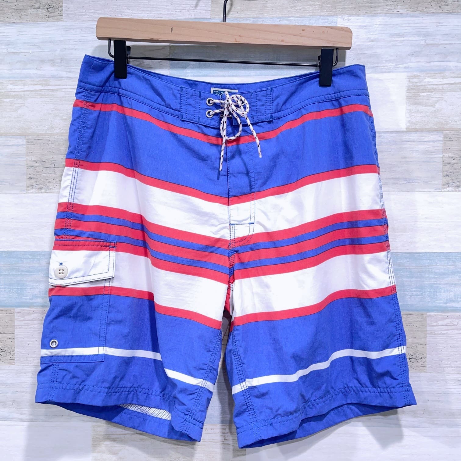 Primary image for J Crew 9" Long Board Short In Oxford Blue Stripe Lined Pockets Swim Mens 32