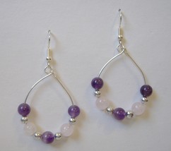 Purple Pink Hoop Beaded Earrings Silver Metal Handcrafted Pierced Dangle Drop - $32.00