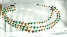 Vintage Jewelry 3-Strand Choker Necklace &amp; Earrings Pastel Green Cream B... - £39.95 GBP