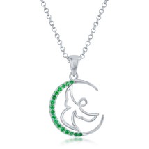 Sterling Silver Angel Crescent Moon Pendant - Green CZ - £26.47 GBP