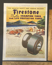 Vintage Print Ad Firestone Tires Beach Water Sunbathing Swimming 1940s Ephemera - £13.27 GBP