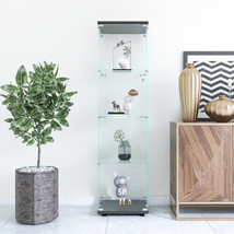 Glass Display Cabinet 4 Shelves with Door, Floor Standing Curio Bookshelf - BLCK - £176.40 GBP
