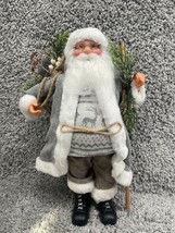 Santa Claus Gray Coat With Bag Winter Standing Collectible Figurine 16.75&quot; - £17.95 GBP