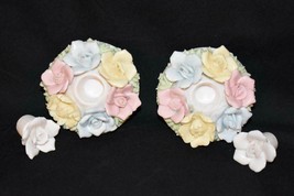 Pair Porcelain Candle Holders Crafted in Japan J-412 Norcrest Pastel Flowers - £14.93 GBP