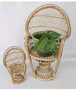 (2) Vintage Mini Peacock Chair Wicker Boho 16&quot; &amp; 10&quot; Rattan Doll / Plant... - £30.44 GBP