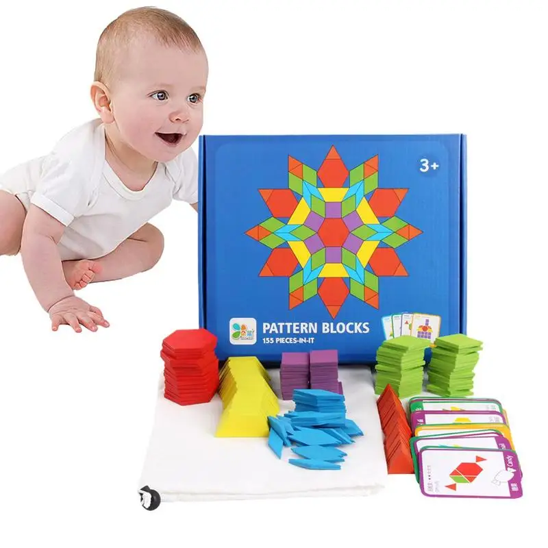 Wooden Pattern Blocks Set 155 Pieces Geometric Sorting Blocks Montessori Puzzles - £15.56 GBP+