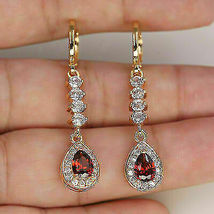2.00 Ct Pear Cut Red Ruby &amp; Diamond Drop/Dangle Earrings 14k Yellow Gold Over - £76.62 GBP